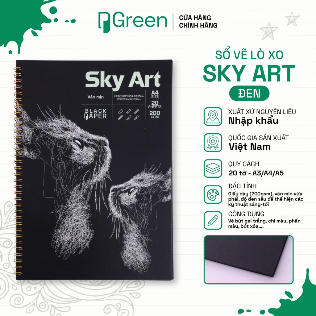 Sổ Vẽ Lò Xo Sky Art - Đen 200gsm - Size Giấy A3 A4 A5  - Giấy đen vân mịn | PGREEN