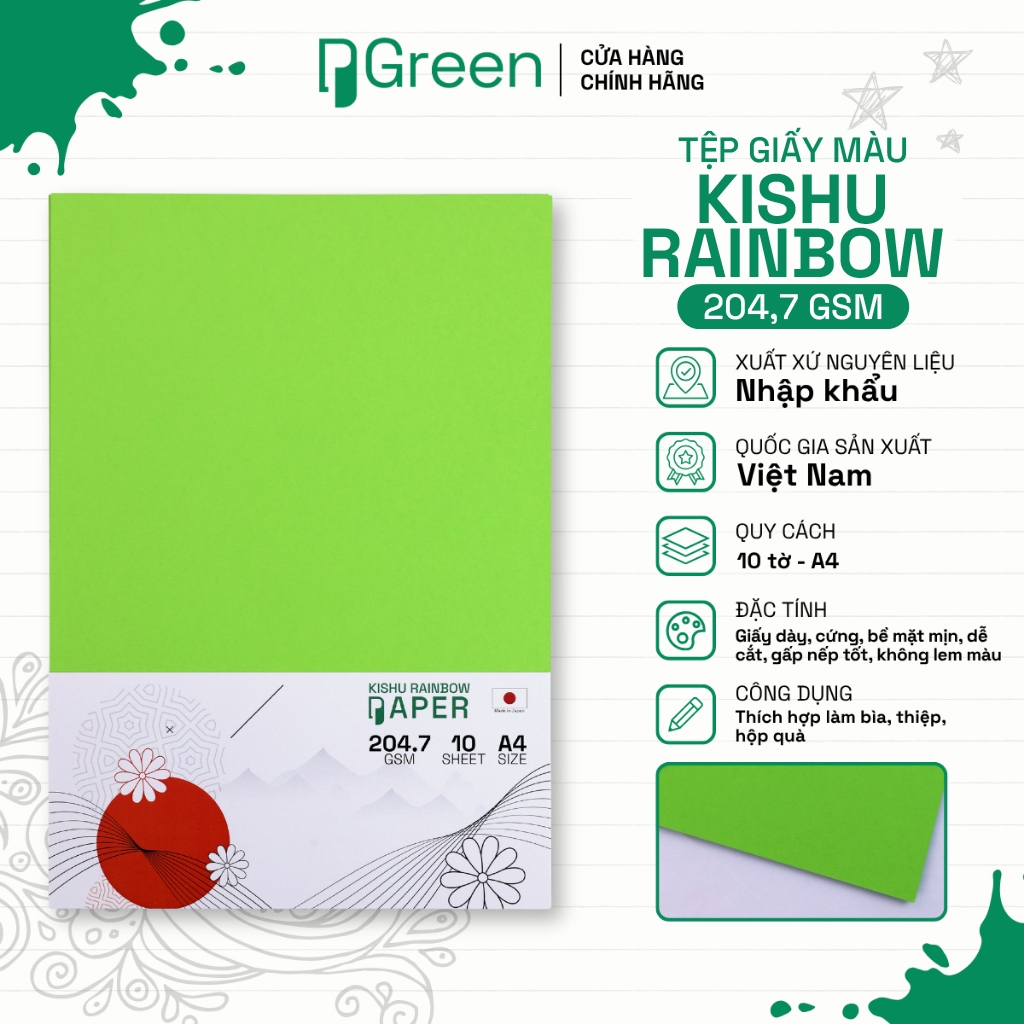 Tệp Giấy Màu Kishu A4 204,7gsm - 10 tờ - Giấy Mỹ Thuật | PGREEN