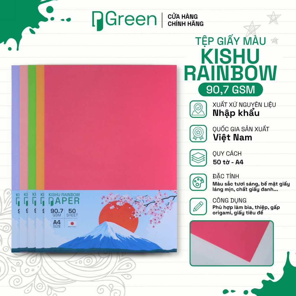 Tệp Giấy Màu Kishu A4 90gsm - 50 tờ - Giấy Mỹ Thuật | PGREEN