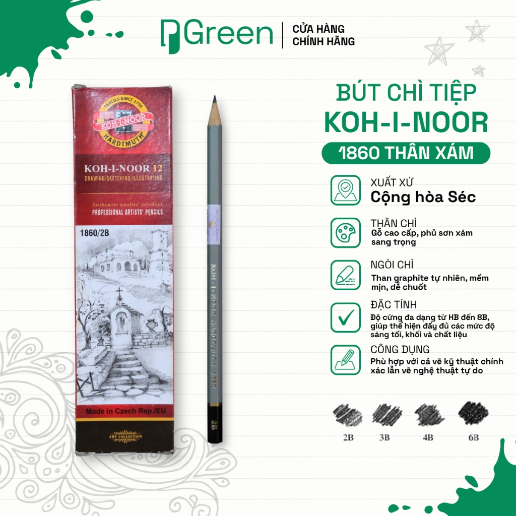 Bút Chì KOH-I-NOOR 1860 Thân Xám - Chì Tiệp Vẽ Mỹ Thuật - Nét Đậm Mượt, Nhiều Độ B | PGREEN
