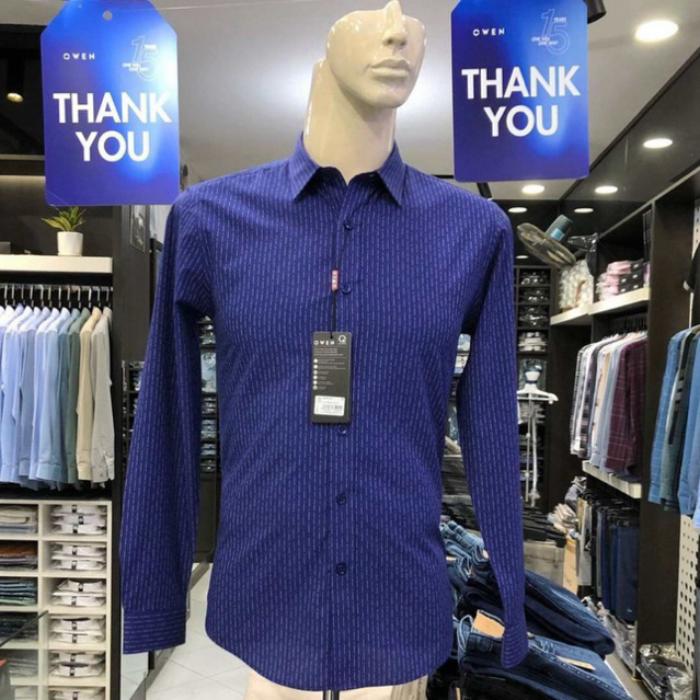 Áo sơ mi nam Owen dài tay màu xanh kẻ sọc slim fit vạt bầu vải sợi tre AS90012D