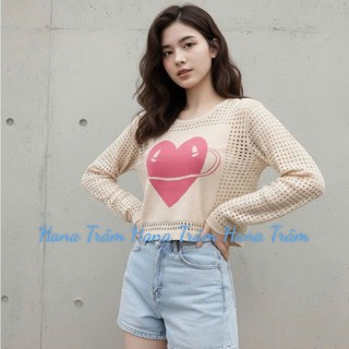 Áo len nữ kiểu lỗ croptop tay dài hình trái tim