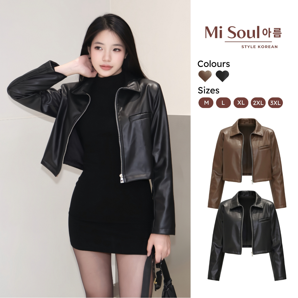  Áo Khoác Da Dài Tay 2 Lớp Có Đệm Vai Dáng Croptop Có Khoá Kéo BigSize Misoul Áo Khoác Da Nữ Mềm Mại Bền Đẹp 344 - 485 