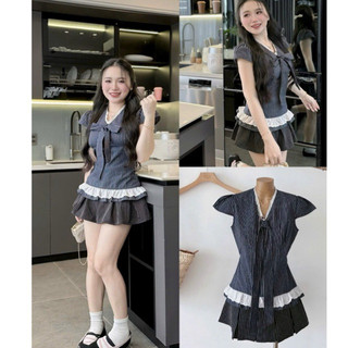   BÈO BÉO BIGSIZE   SET ÁO KẺ SỌC VIỀN REN PHỐI NƠ KÈM CHÂN VÁY KẺ XOÈ FORM BIGSIZE 60-90KG 