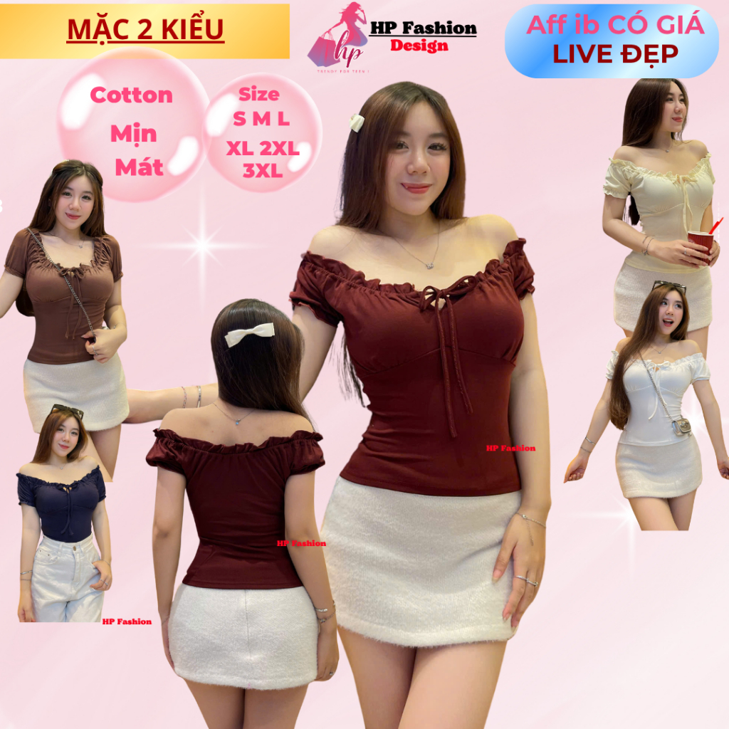Áo thun body tay bèo ngắn nhún thun cổ vuông, áo nữ kiểu mặc được trễ vai nữ basic vải thun cotton borip trơn basic HP44 | BigBuy360 - bigbuy360.vn