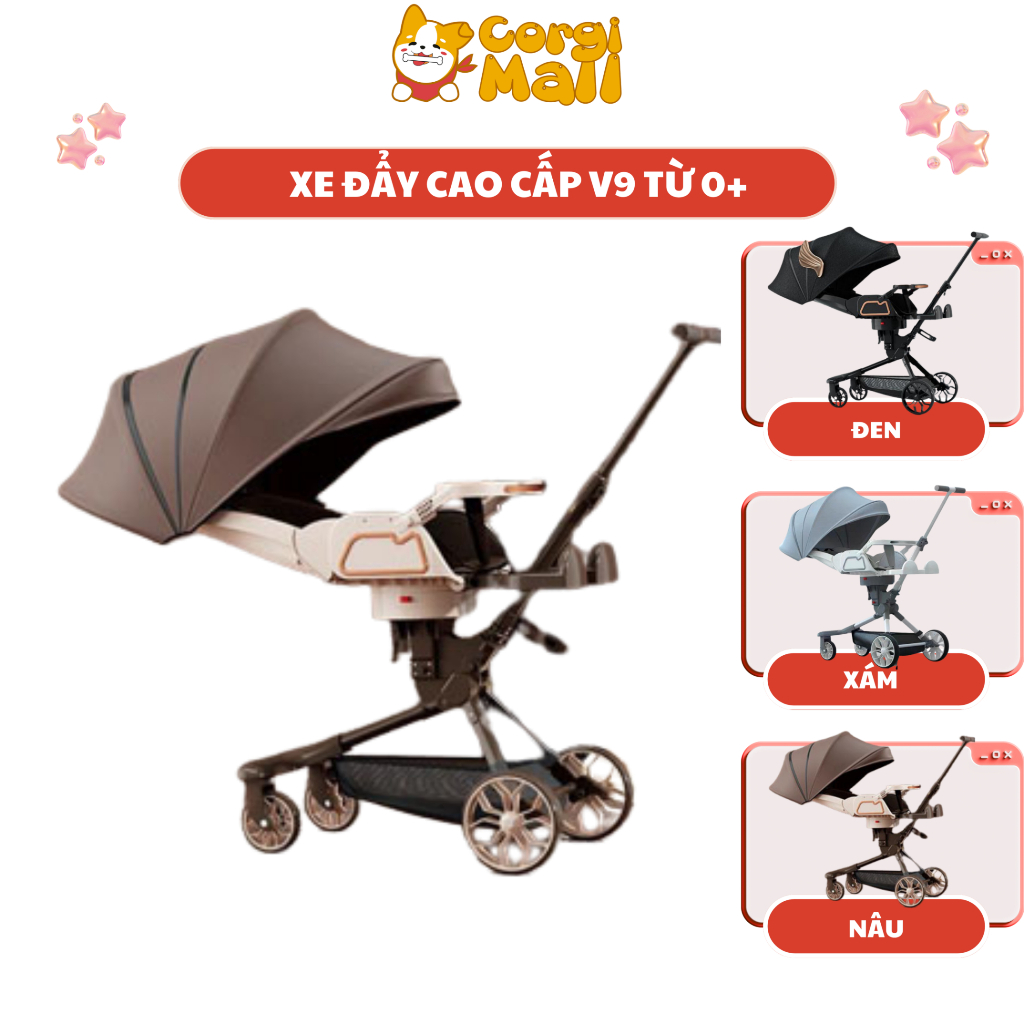 Xe Đẩy V9 Cao Cấp 2 Chiều 3 Tư Thế, Gấp Gọn, Kèm Bàn Ăn Dặm Có Nhạc Đèn Cho Bé CORGI.MALL