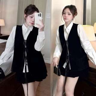    BÈO BÉO BIGSIZE   SET 3 MÓN NHUNG ÁO SƠ MI TAY DÀI KÈM ÁO GHILE CỘT NƠ MIX CHÂN VÁY XẾP LY BIGSIZE 55-95KG 