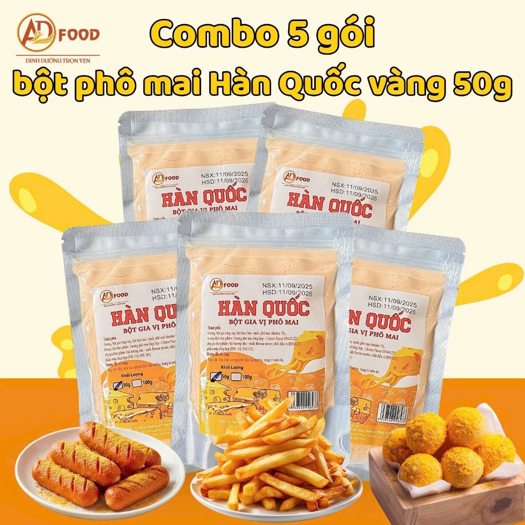 Combo 5 gói bột phô mai Hàn Quốc vàng 50g ADFOOD – vị phô mai đậm, phù hợp nhiều món ăn