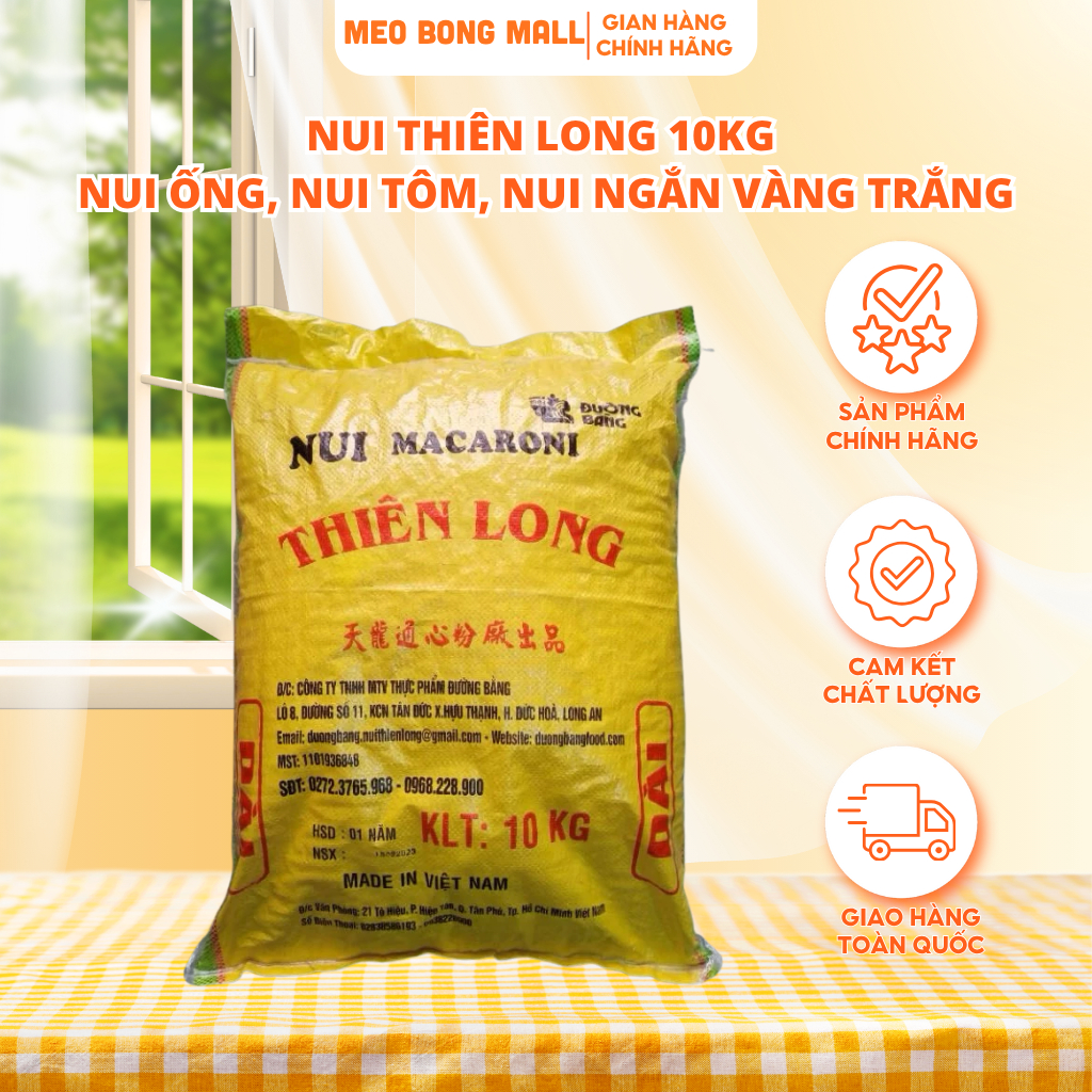 Nui Thiên Long 10kg – Nui Ống, Nui Tôm, Nui Ngắn Vàng Trắng – Sợi Đẹp, Dẻo Ngon