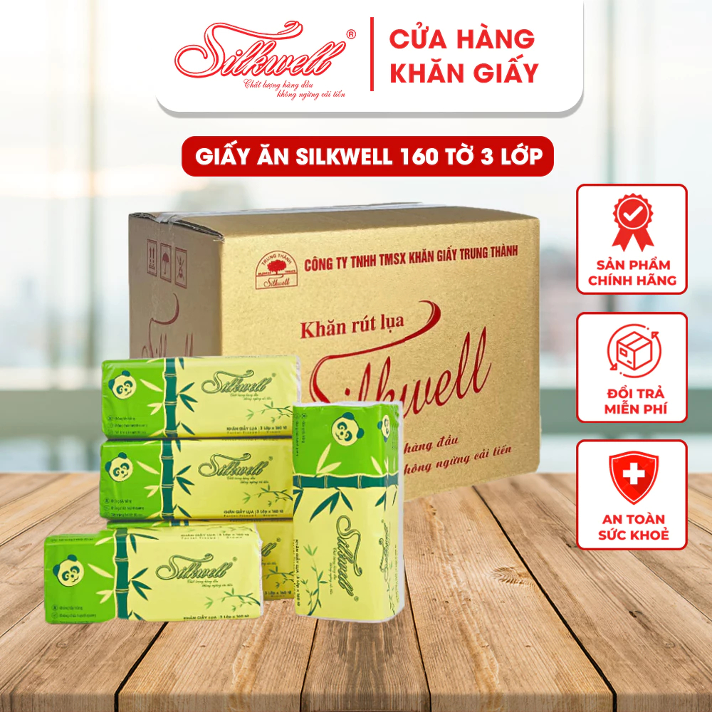  Khăn giấy ăn Silkwell gấu trúc Thùng 9 gói khổ Lớn 160 tờ 3 lớp than tre hàng chính hãng 