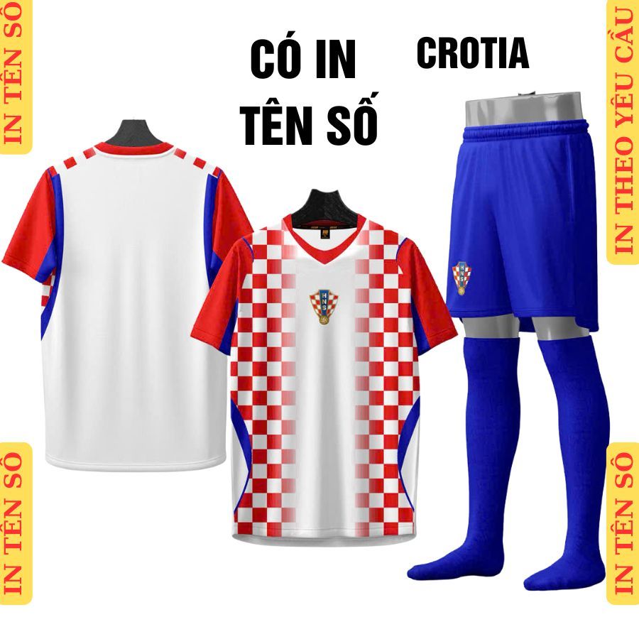 Có in tên số theo yêu cầu, mẫu đội tuyển Crotia Euro 2026, quần áo bóng đá thun mè, in nhiệt ( in ch