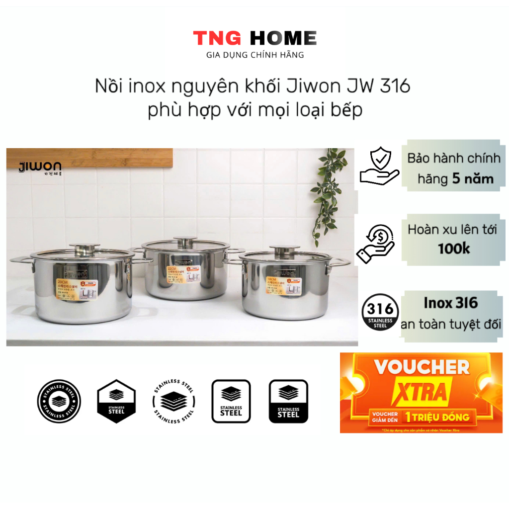 Bộ nồi inox 3 món Jiwon, inox 316 nguyên khối bền đẹp an toàn cho sức khỏe