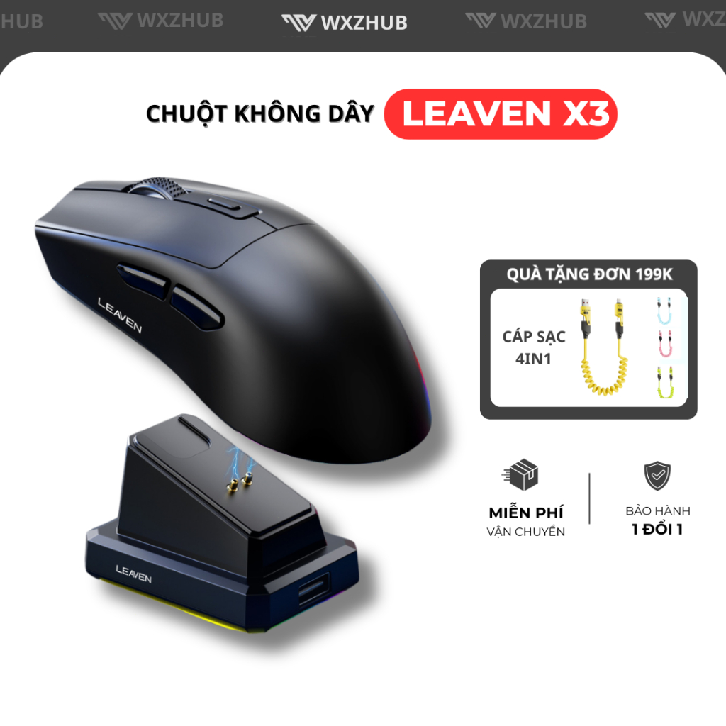 Chuột gaming Leaven X3 Chip Pro 3 Mức DPI, Chuột Không Dây 2 Chế Độ, Có Dock Sạc, LED RGB