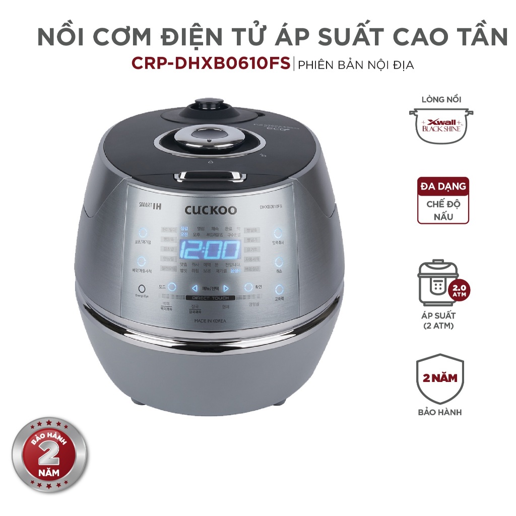 Nồi Cơm Điện Tử Áp Suất Cao Tần Cuckoo 1.08 Lít CRP-DHXB0610FS – Lòng nồi phủ men X-Wall Black Shine