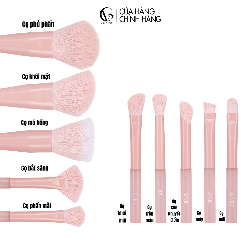 Bộ cọ trang điểm cá nhân GUVIET kích cỡ mini màu Hồng nude gồm 10 cọ kèm theo túi đựng | BigBuy360 - bigbuy360.vn