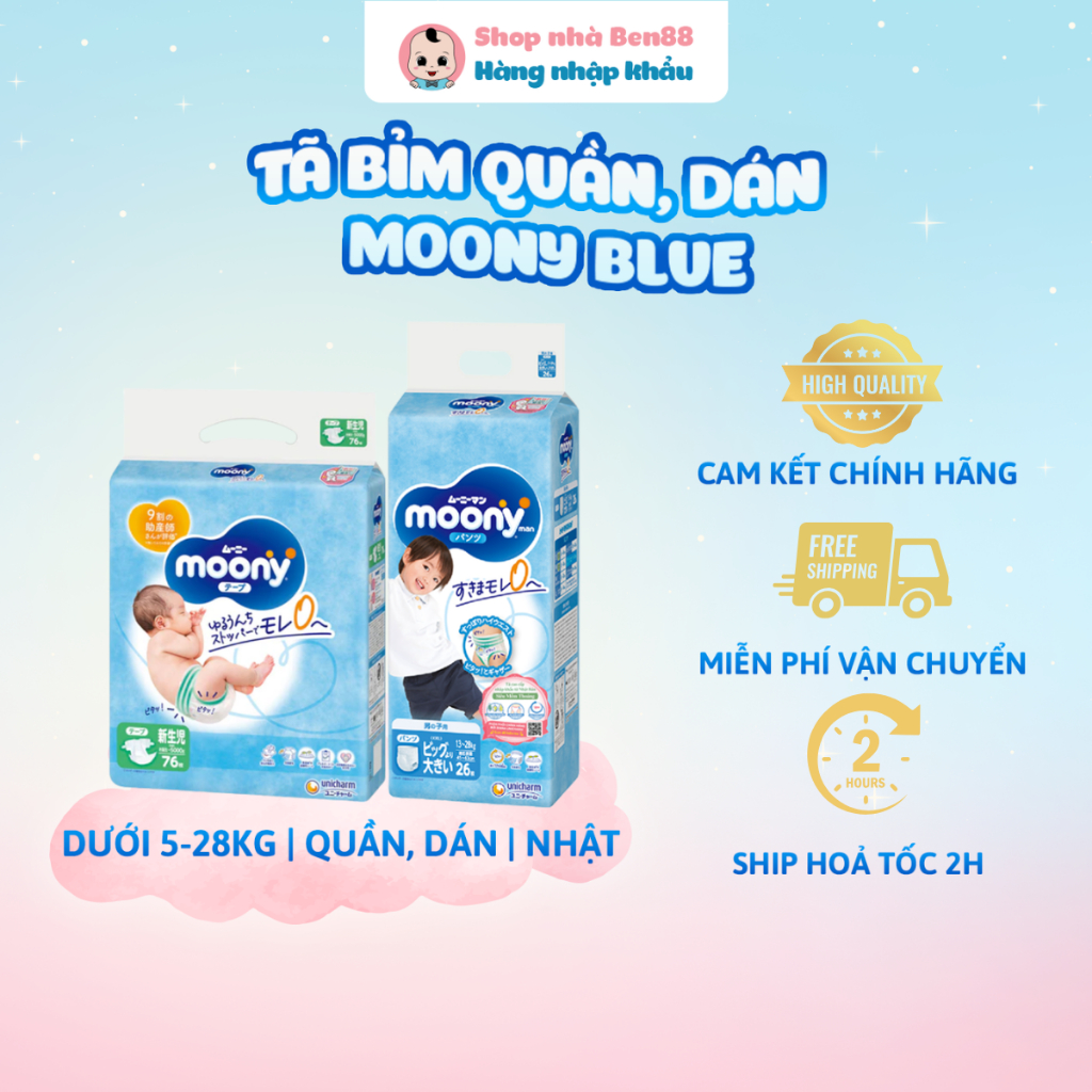 Tã Dán, Bỉm Quần Moony Xanh Nội Địa Nhật Đủ Size (NB90/S84/M64/L54/M58/L44/XL38/XXL26)