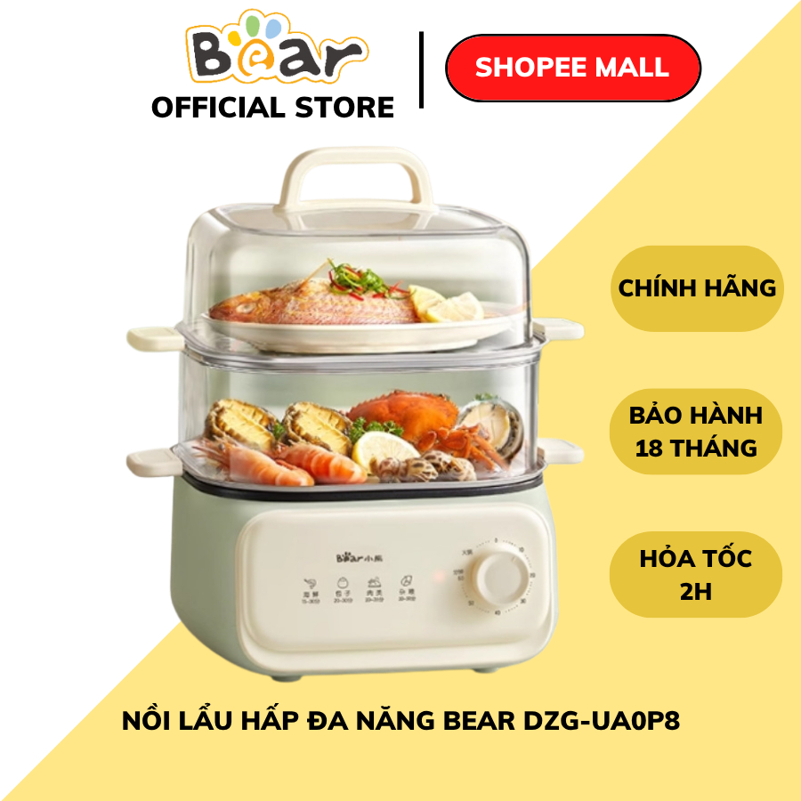 Nồi Hấp Điện 10.3L Bear DZG-UA0P8, 2 Tầng, Đa Năng Nấu Lẩu, Hầm, Xào, Khay Inox, Vặn Núm Dễ Sử Dụng
