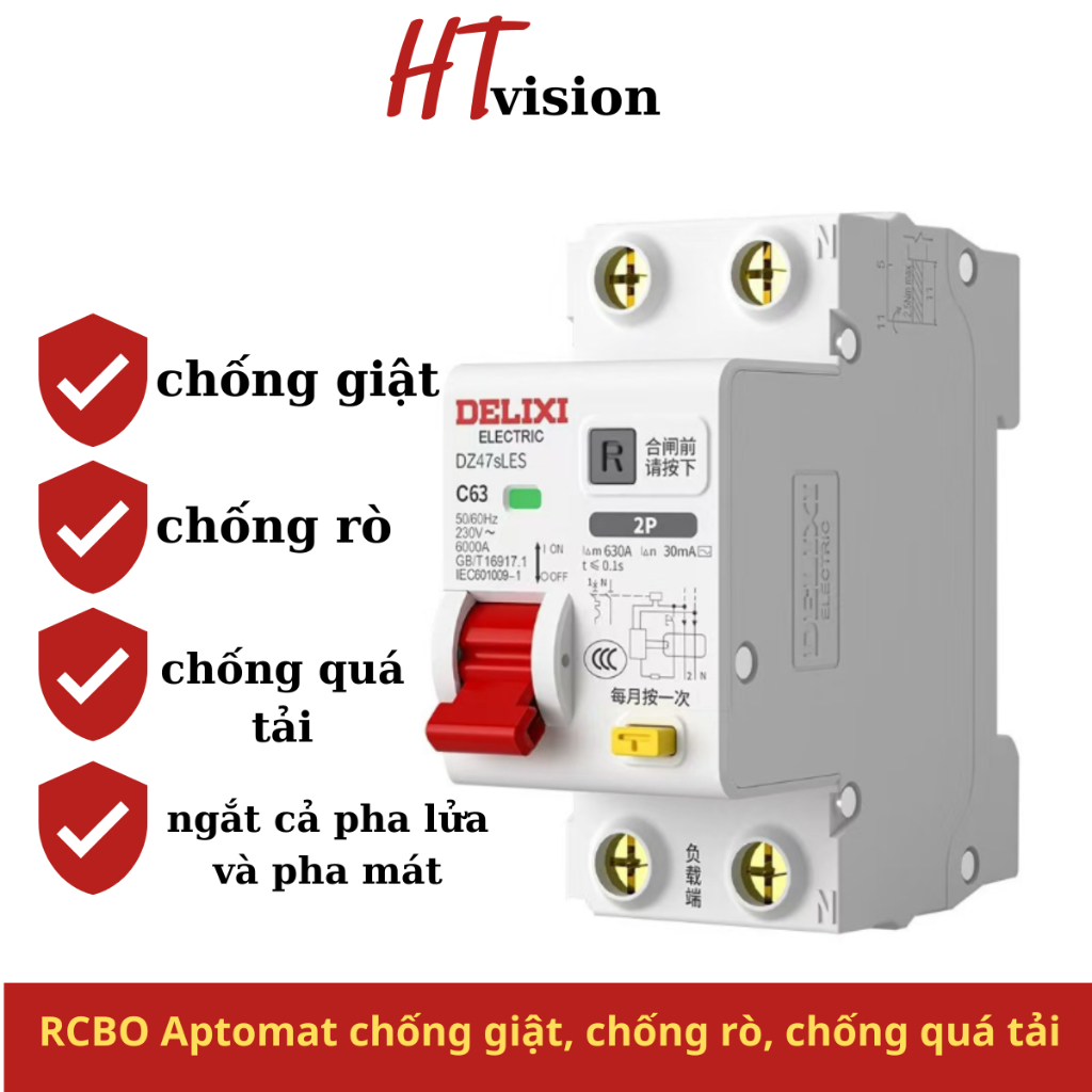Aptomat chống giật, chống rò chống quá tải DELIXI DZ47sLE 2P công xuất 20A-63A CB RCBO át chống giật