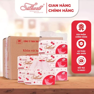 Thùng 9 gói Giấy ăn Silkwell 280 tờ 2 lớp Cherry khăn giấy rút cao cấp, làm từ 100% bột giấy tự nhiên