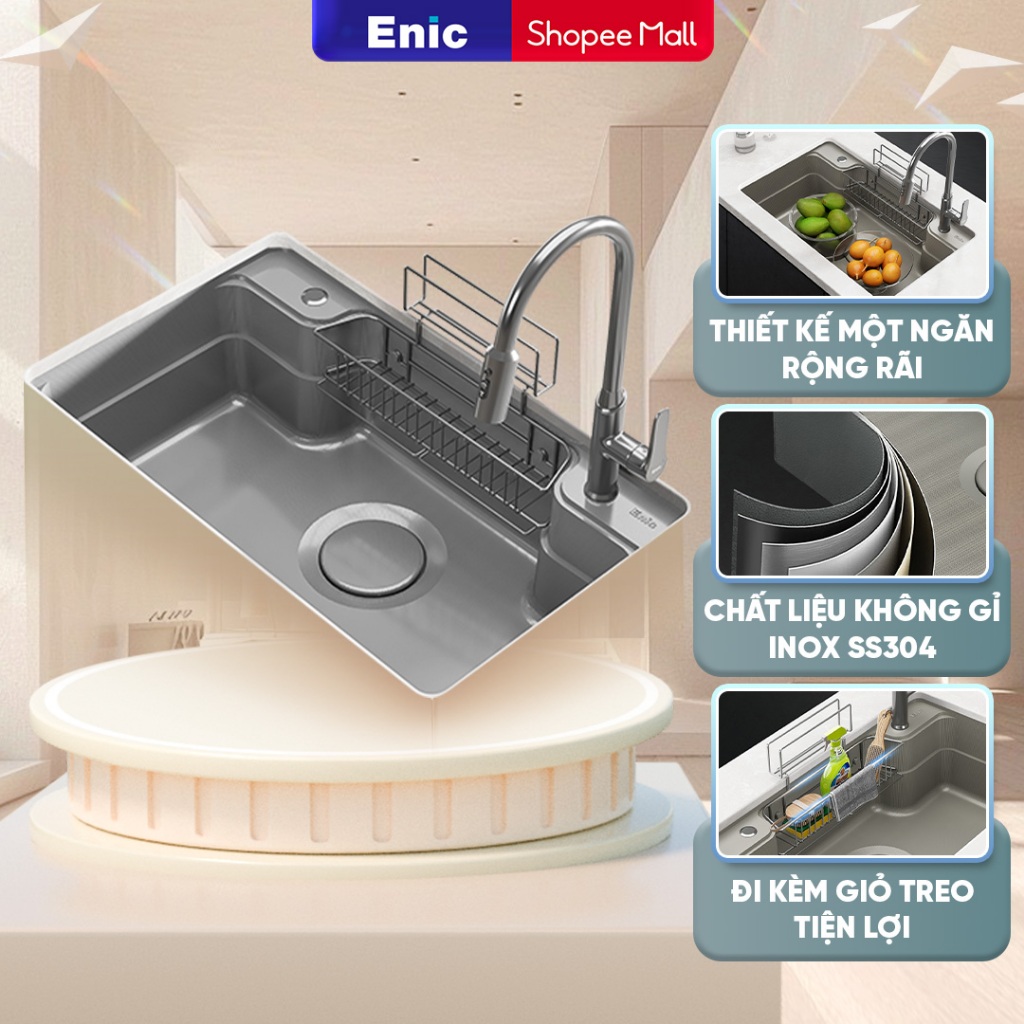 Bồn rửa chén một ngăn Enic MB02/MB09, thiết kế bồn 1 ngăn rộng rãi,chất liệu inox SS304 bề mặt vân h