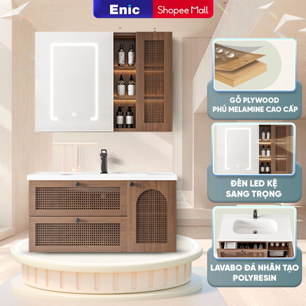 Bộ tủ phòng tắm mây đan Enic GM03 gỗ plywood phủ melamine