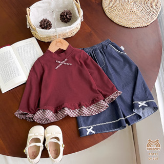  Set cho bé COCANDY -Áo dài ĐỎ phối bèo kẻ caro và Quần dài suông XANH DENIM nẹp nhỏ be E0191,Q4201 