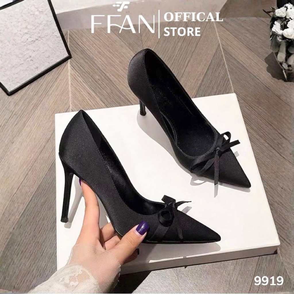 Giày cao gót nữ mũi nhọn gót nhọn 9919 FFAN STORE lụa satin 7 9 phân bít mũi big size màu đen