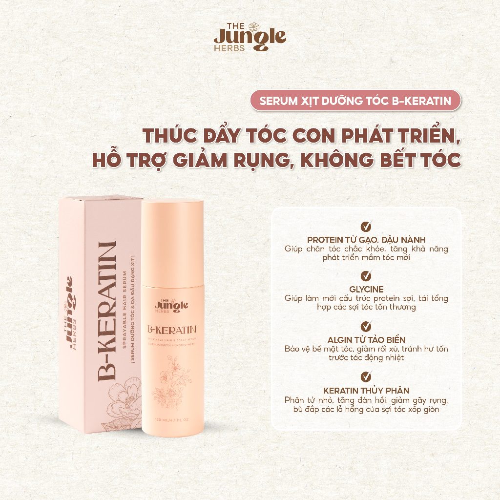 Serum xịt mọc tóc, giảm xơ rối, giảm gãy rụng, bảo vệ trước nhiệt B-KERATIN 120ML - The Jungle Herbs