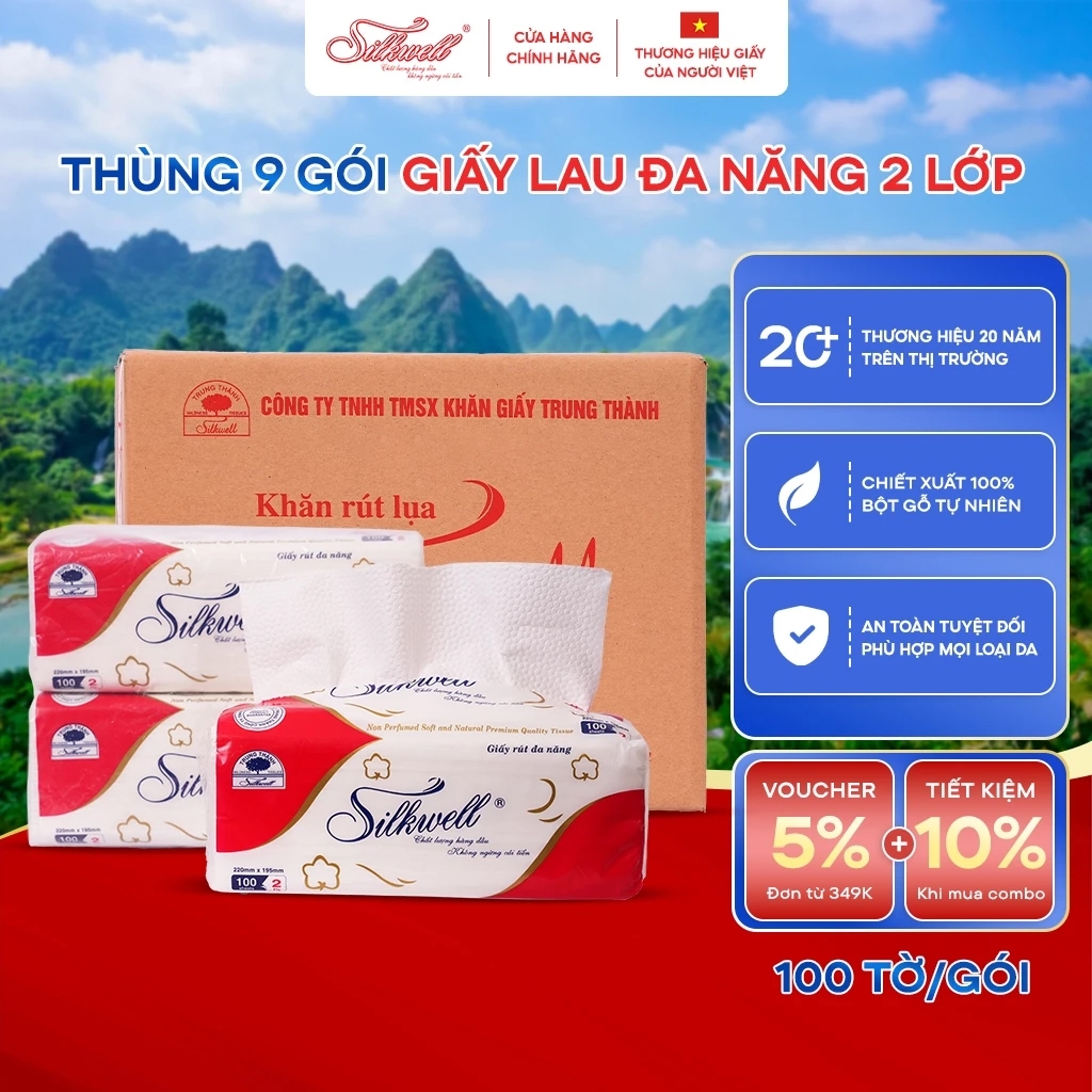 [Thùng 9 gói] giấy rút đa năng SILKWELL 100 tờ 2 lớp siêu dai, giấy lau bếp, lau tay