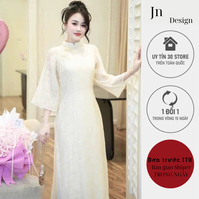 Áo dài cách tân nữ Jn Design 4 tà chất vải Vân Gấm cao cấp thêu nơ hàng may thủ công tỉ mỉ