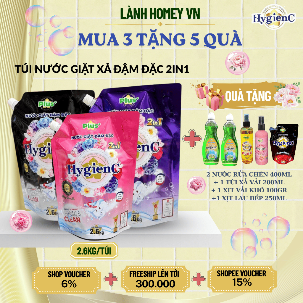 [MUA 3 TẶNG 5 QUÀ] Combo 3 Túi Nước Giặt HygienC Plus 2.6Kg/ Túi - Hương Nước Hoa - Hàng Việt Nam