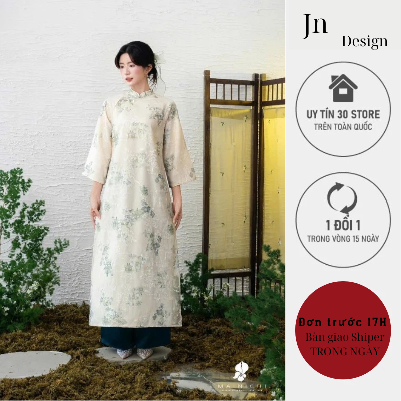 Áo dài cách tân nữ Jn Design chất tơ thêu hoa kì lân not lụa nhật có 2 màu xanh hồng JNN STORE J140