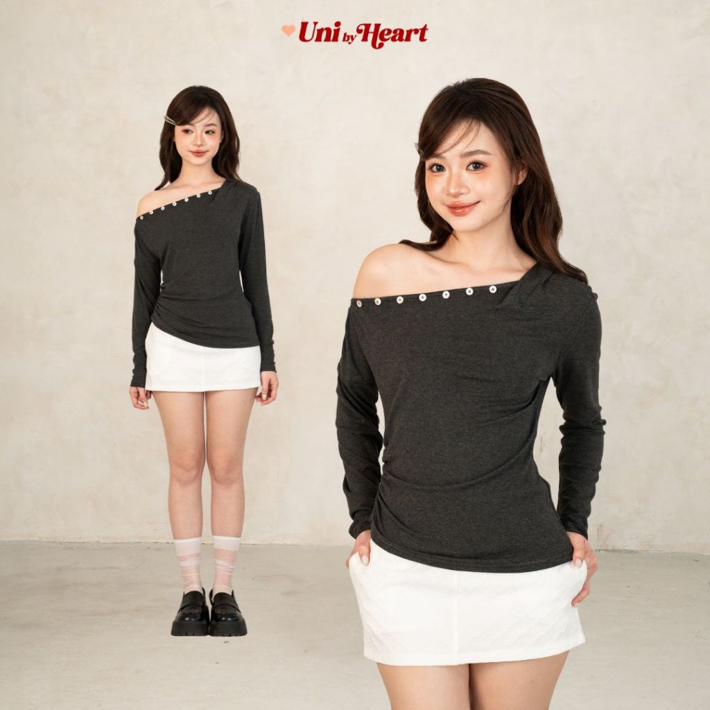 Áo thun lệch vai dài tay Sienna Top ATV021 phối cúc, nhún eo - Uni By Heart