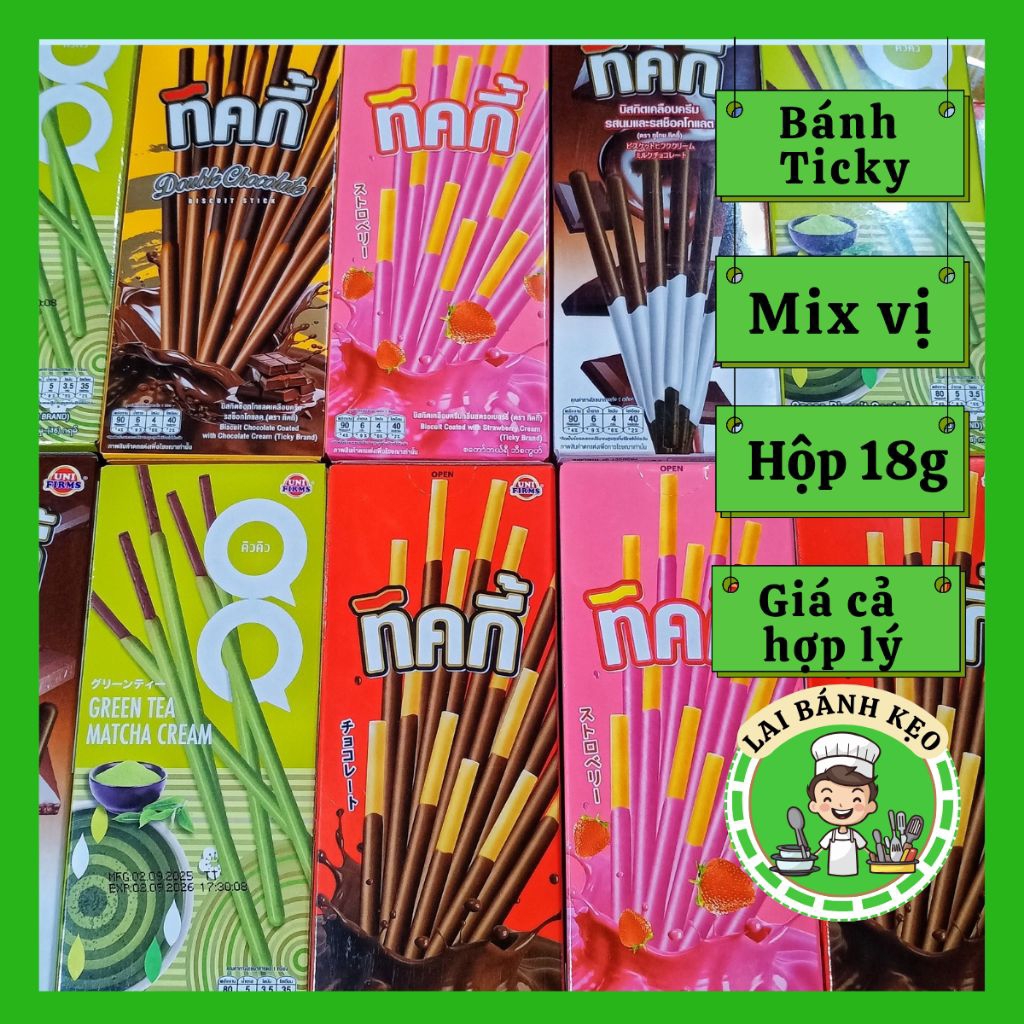 Bán Sỉ Lốc 12 hộp Bánh Que Ticky, Mix đủ vị: Socola, Sữa, Dâu, Trà xanh...(Lốc 12 hộp × 18g)