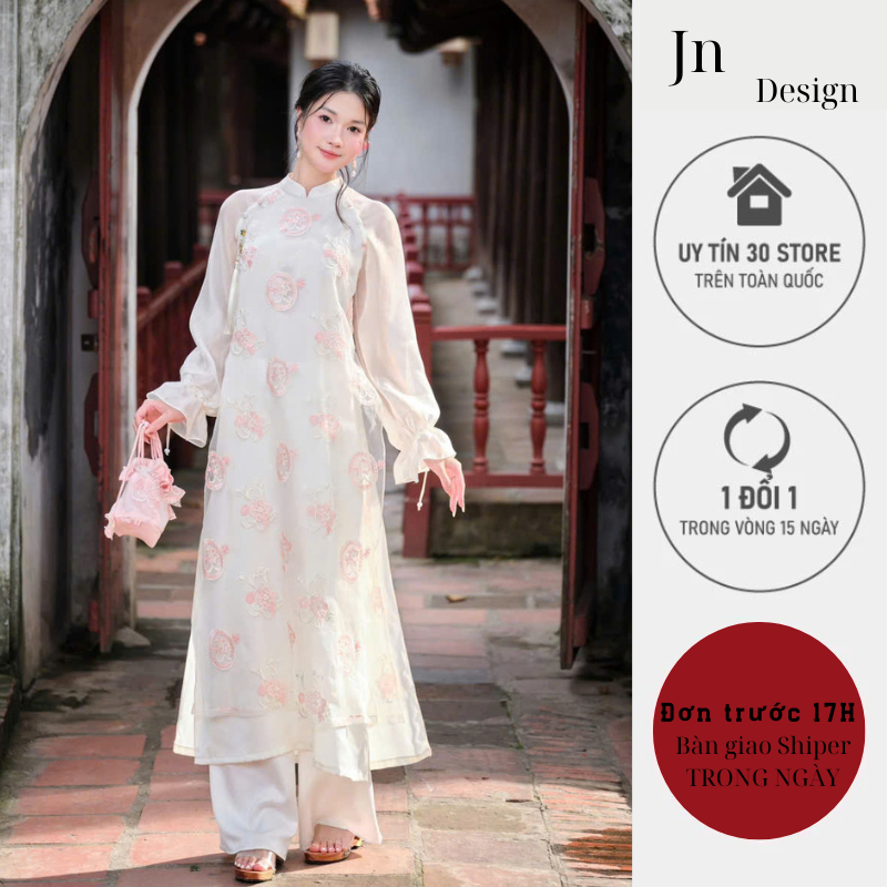 Áo dài cách tân nữ chất liệu tơ thêu nổi thiết kế cổ 2,5cm phối tay dài bo chun cách điệu - JNN STOR