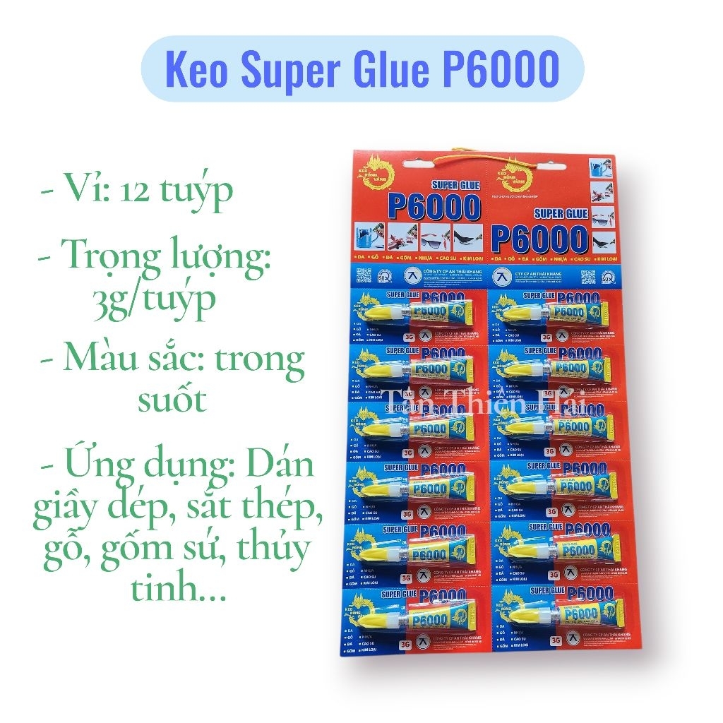 1 vỉ 12 tuýp keo P6000 3g . Keo dán giầy dép, sắt, gỗ, mica, nhựa, gốm sứ, thủy tinh….