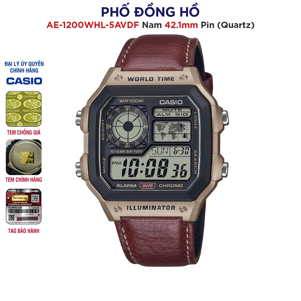 Đồng hồ nam Dây da Casio chính hãng Anh Khuê AE-1200WHL-5AVDF