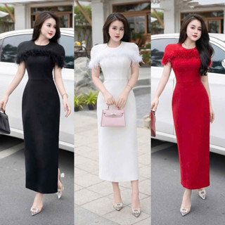    N069   Đầm Body Thiết Kế Phối Lông Vũ Cao Cấp Dáng Dài Dành Cho Nữ Đi Chơi Đi Tiệc Đi Noel - Tết 