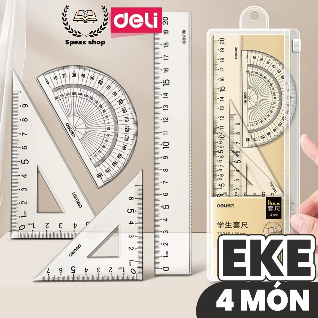 Bộ 4 dụng cụ eke học sinh Deli 1 bộ eke thước kẻ đo góc tam giác vuông