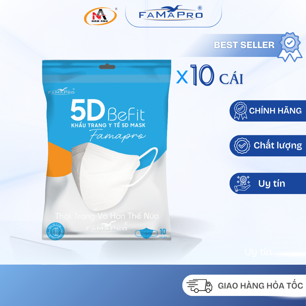 [Bịch 10 Cái] Khẩu Trang Y Tế 3 Lớp 5D Mask Befit Nam Anh Famapro Cho Người Lớn 40–60kg, Dễ Thở, Mềm