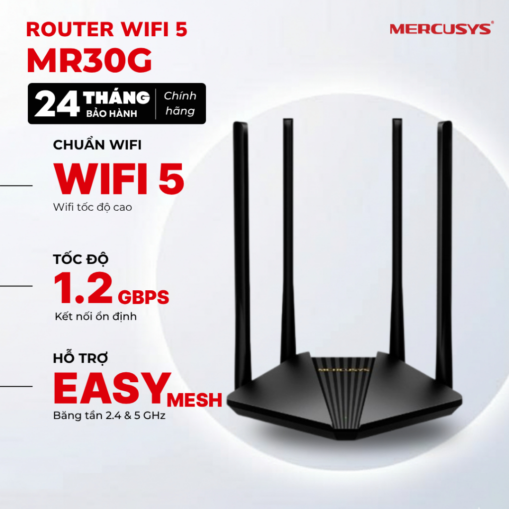 [Xả kho] Router WiFi 5 Mercusys MR30G | Băng tần kép, Chuẩn AC1200, Tốc độ 1200Mbps, Phủ sóng rộng