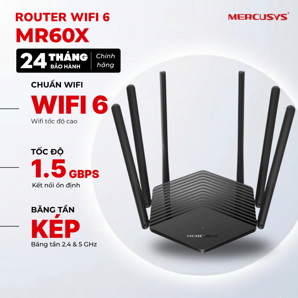 [Xả kho] Router WiFi 6 Mercusys MR60X - Chuẩn AX1500, Phủ sóng rộng, Tốc độ 1500Mbps, Băng tần kép