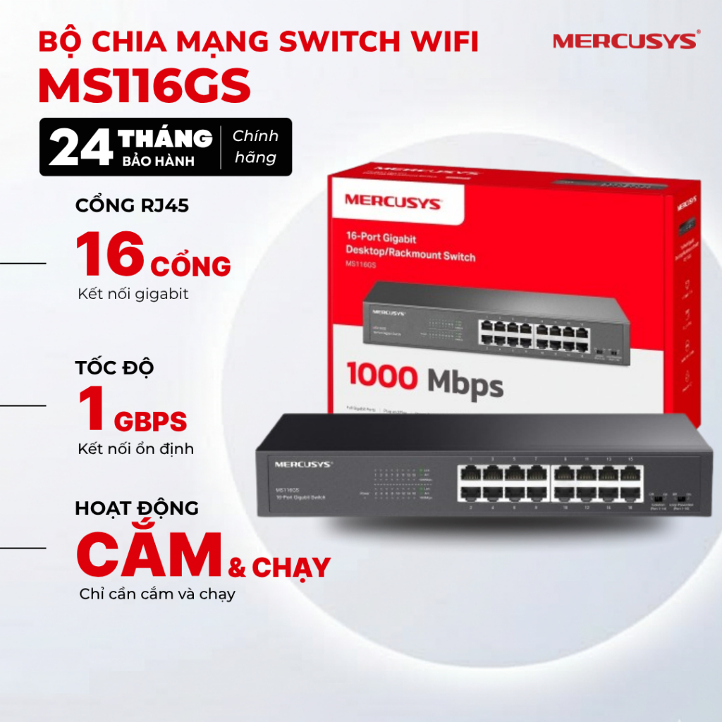 Bộ Chia Mạng Switch Gigabit Mercusys MS116GS | 16 Cổng, Vỏ Kim Loại, Plug Play, Đa chế độ hoạt động