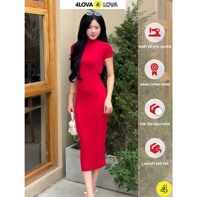 Váy Đầm Body Cộc Tay Dáng Dài Cổ Cao 5p Chất Gân Thái Co Giãn, Quyến Rũ