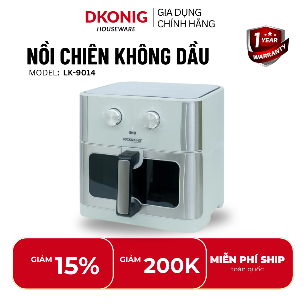 Nồi chiên không dầu đa năng Lock&King 14L – Công suất 1800W, lòng rộng, chiên nướng nhanh