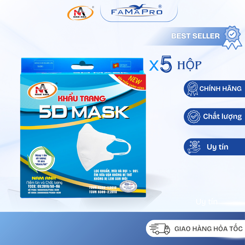 [Combo 5 Hộp] Khẩu Trang Y Tế 5D Mask Quai Chun Nam Anh Famapro Dành Cho Người Lớn, Thoáng Khí, Êm T