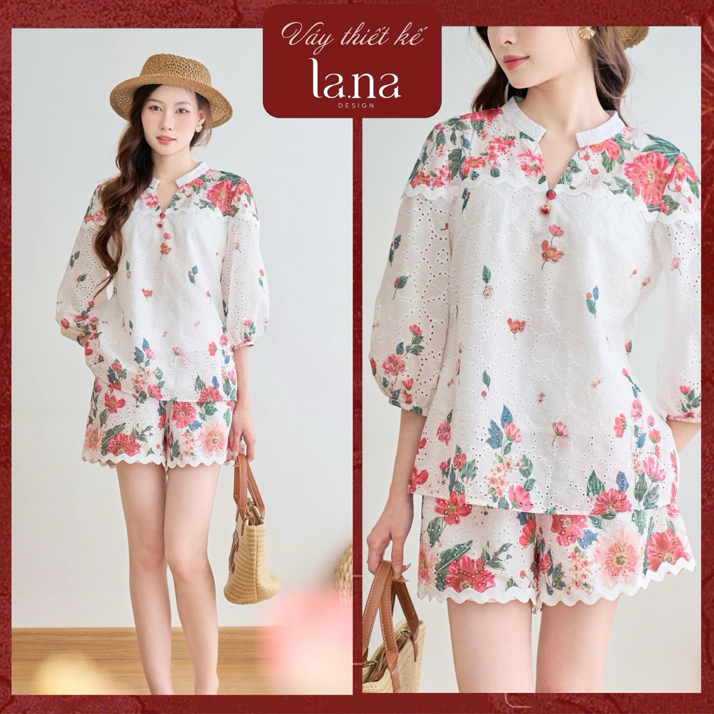 Set áo quần XUÂN THẢO thiết kế LANA DESIGN chất thô đục lỗ in hoa, đồ nữ đi biển, dạo phố - SQ223