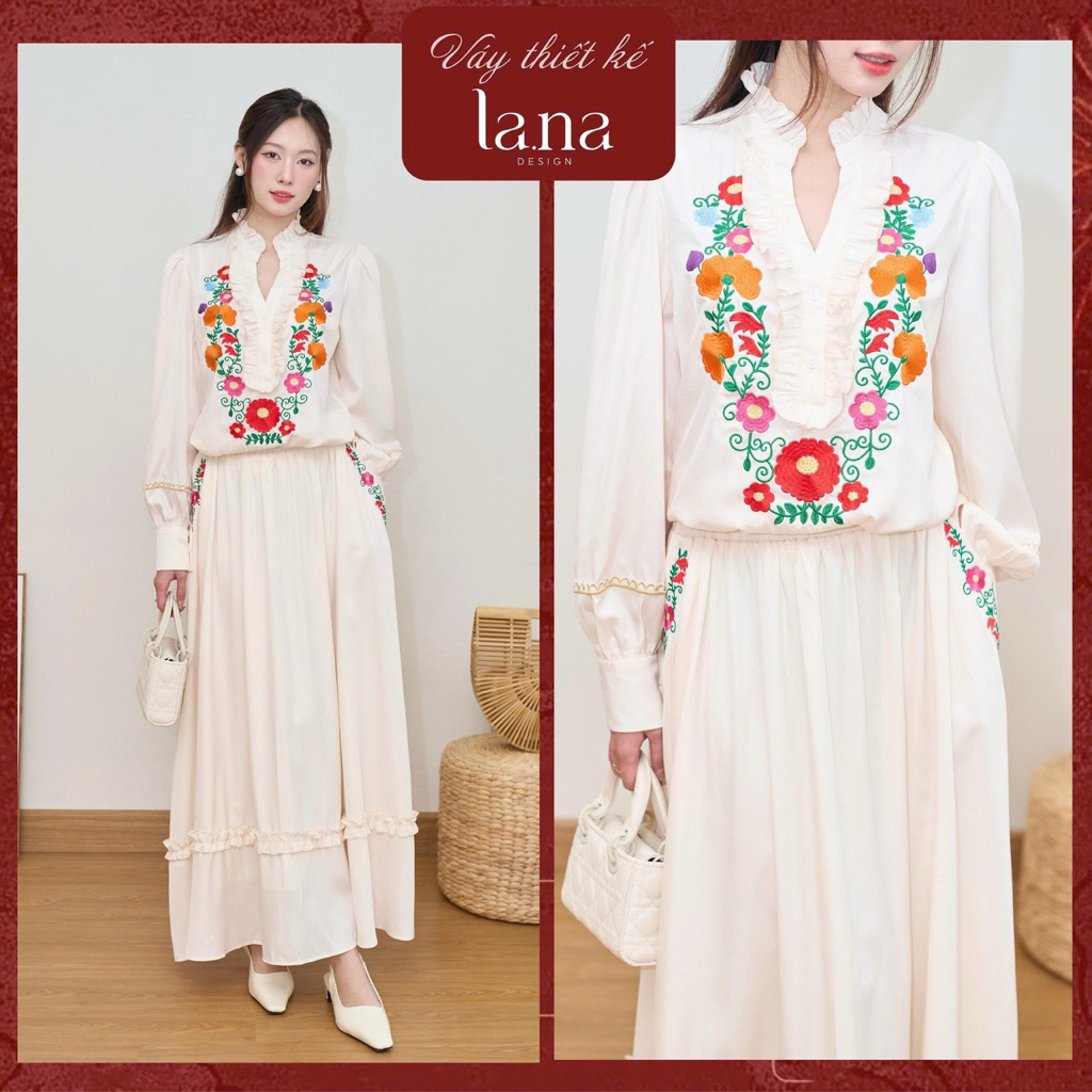Set váy DAO HẠ thiết kế LANA DESIGN họa tiết hoa cổ bèo váy nữ mùa hè chân váy thêu hoa xòe - SV145
