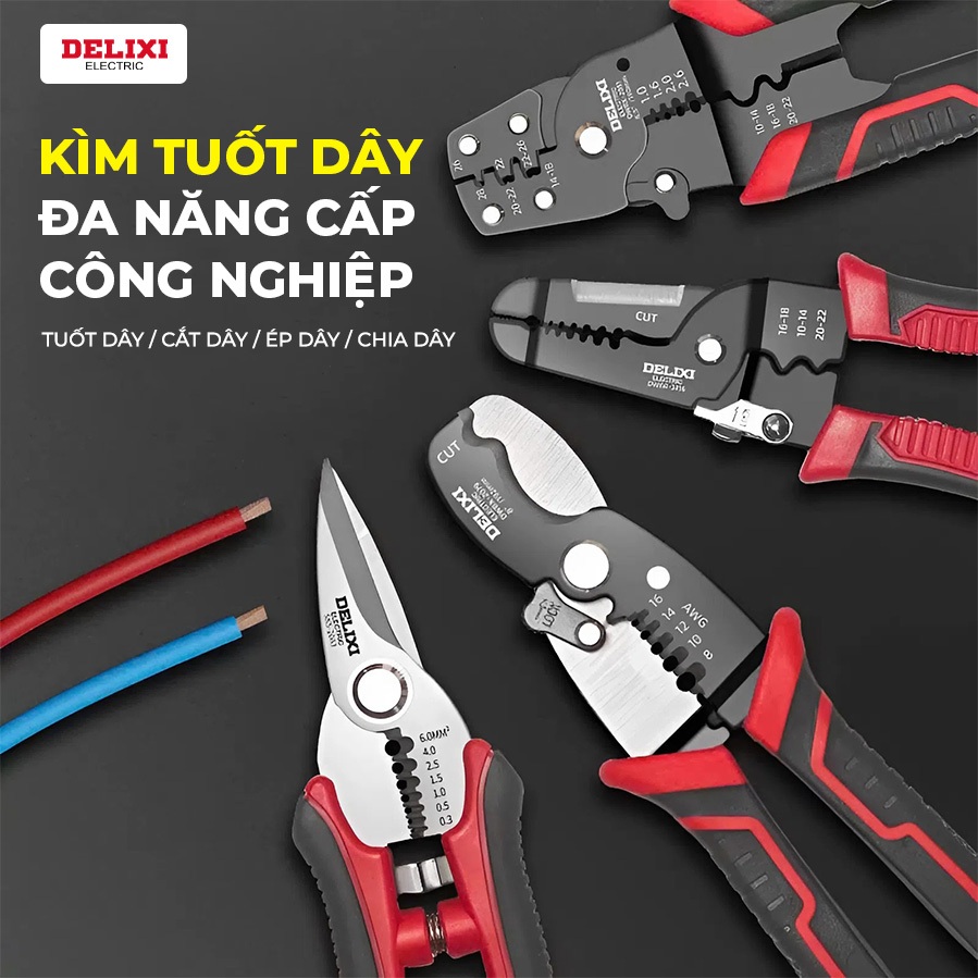 Kìm Tuốt Dây Điện, Dây Cos Đa Năng Delixi  Kết Hợp Uốn, Cắt, Bấm, Tách Dây