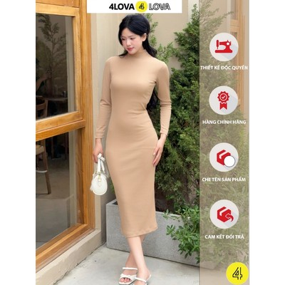 Váy Đầm Body Dáng Dài Tay Dài Cổ Cao 5p Chất Thun Gân Thái Co Giãn Quyến Rũ Kèm QT Dây Buộc Tóc